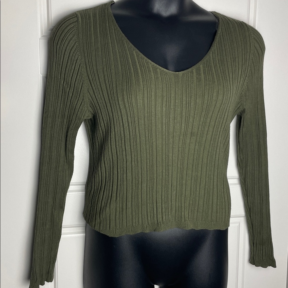 Planet Gold Olive Green Ribbed Knit Crisscross V-Neck Top XL